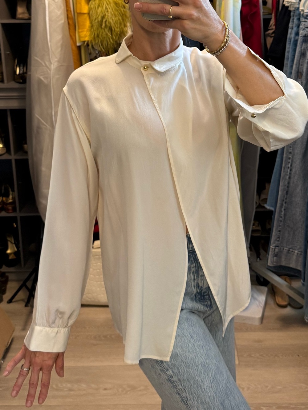 Vintage Givenchy 100% Silk Cream and Gold Trimmed Long-Sleeve Blouse